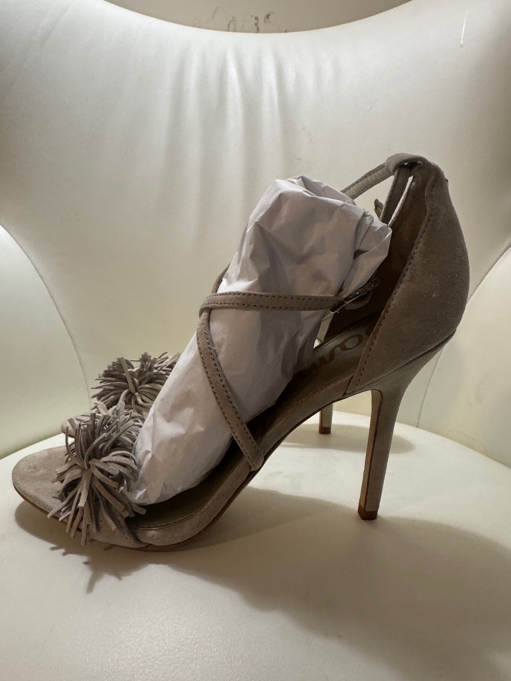 Sam Edelman Taupe Suede Pom-Pom Stiletto Sandal